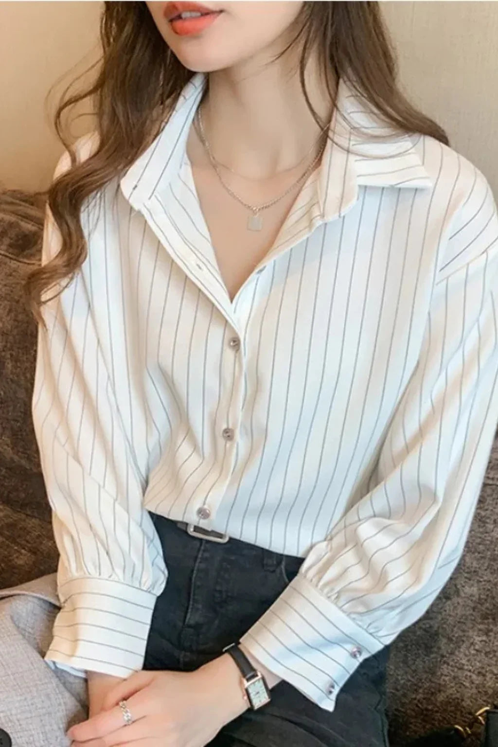 Cordelia | Women's Striped Button Up Shirt with Collar and Buttoned Cuffs