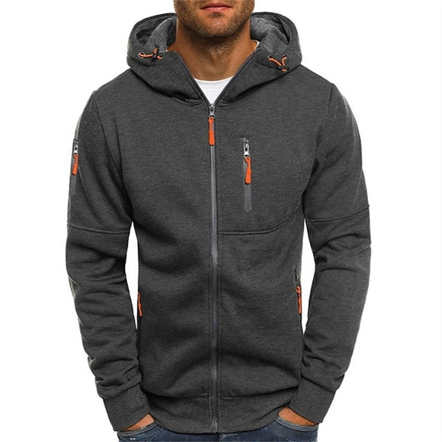 Men's Hooded Zip-Up Jacket, Long Sleeves, Chest Pocket