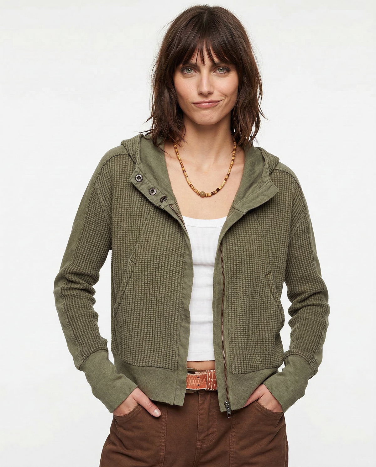 Christina | Womens Cropped Zip Hoodie in Waffle Cotton | Snug Hood, Textured Fabric | Pine, Blue and More S-XL