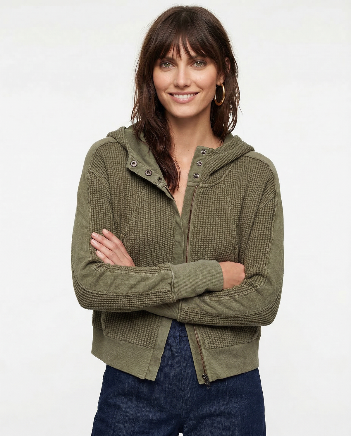 Christina | Womens Cropped Zip Hoodie in Waffle Cotton | Snug Hood, Textured Fabric | Pine, Blue and More S-XL