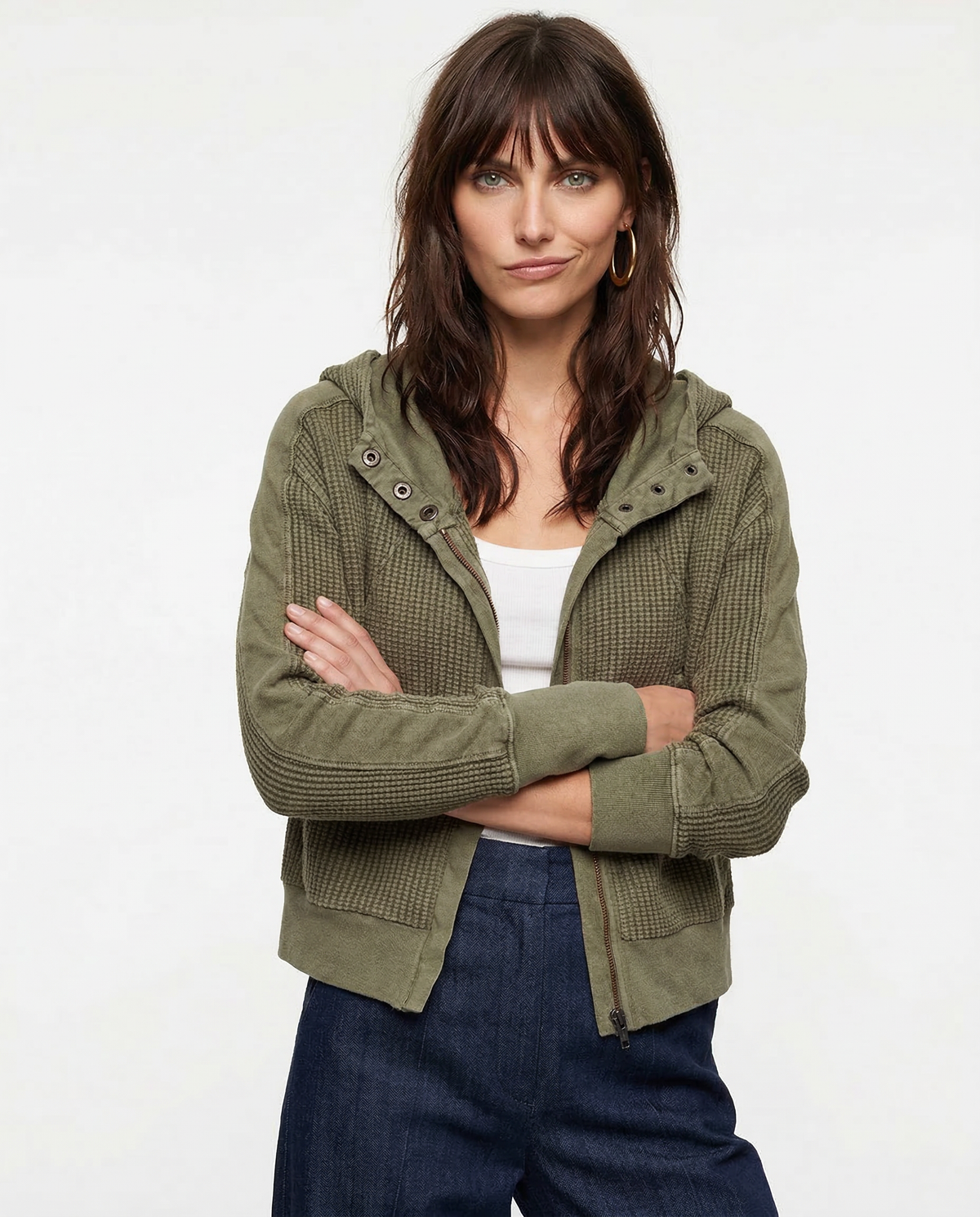Christina | Womens Cropped Zip Hoodie in Waffle Cotton | Snug Hood, Textured Fabric | Pine, Blue and More S-XL