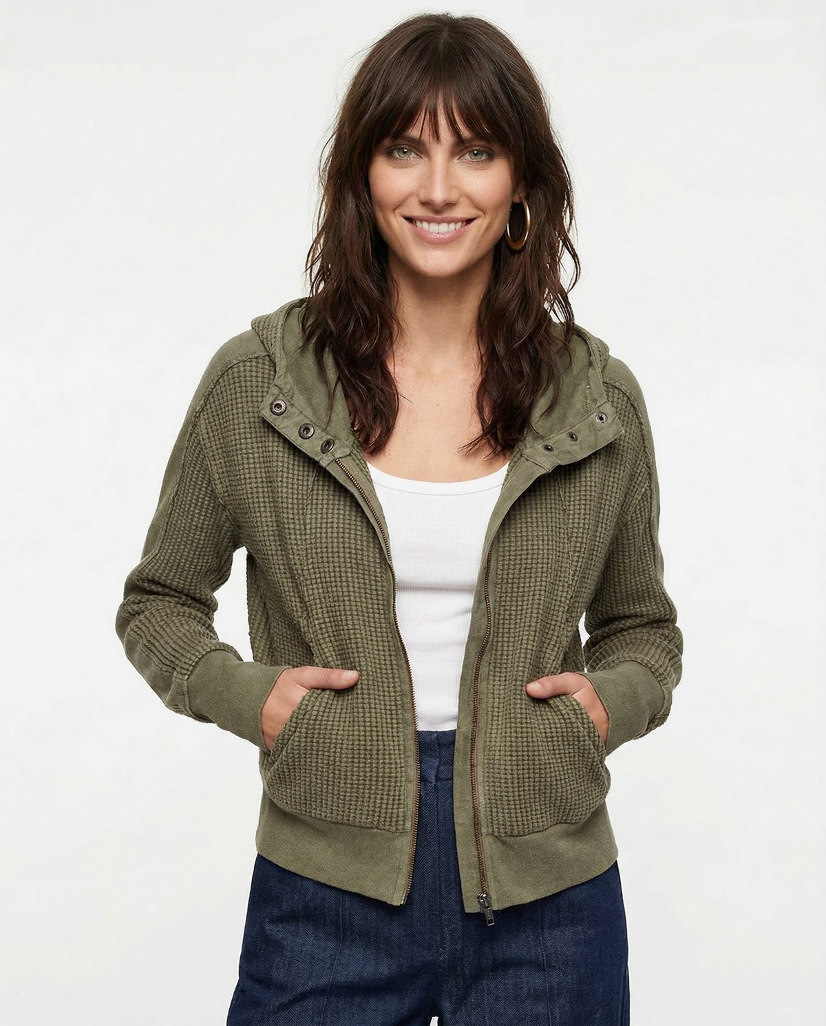 Christina | Womens Cropped Zip Hoodie in Waffle Cotton | Snug Hood, Textured Fabric | Pine, Blue and More S-XL