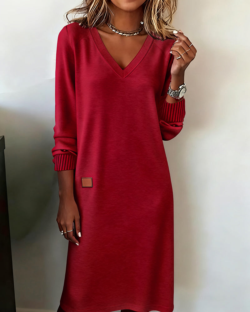 Women's Winter Sweater Dress with Deep V Neck | Relaxed Straight Knit, Ribbed Cuffs, Knee Length | Sizes S-3XL, 3 Colors