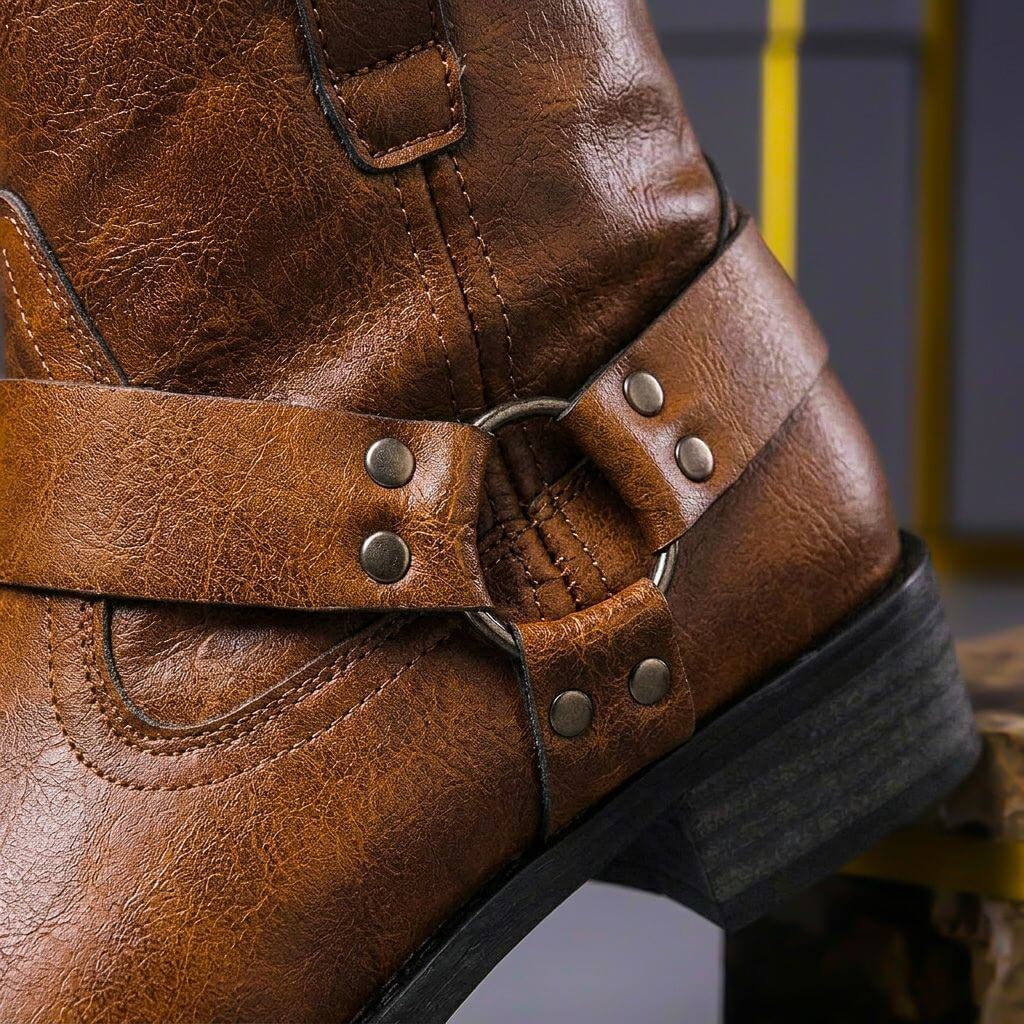 Philip | Mens Genuine Leather Boots with Metal Hardware | Cushioned Insoles, Slip-Resistant Sole | Cognac, Black US 7-12