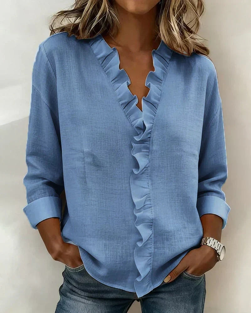 Women's Statement Sleeve Blouse – V-Neck Ruffle Flowy Blouse