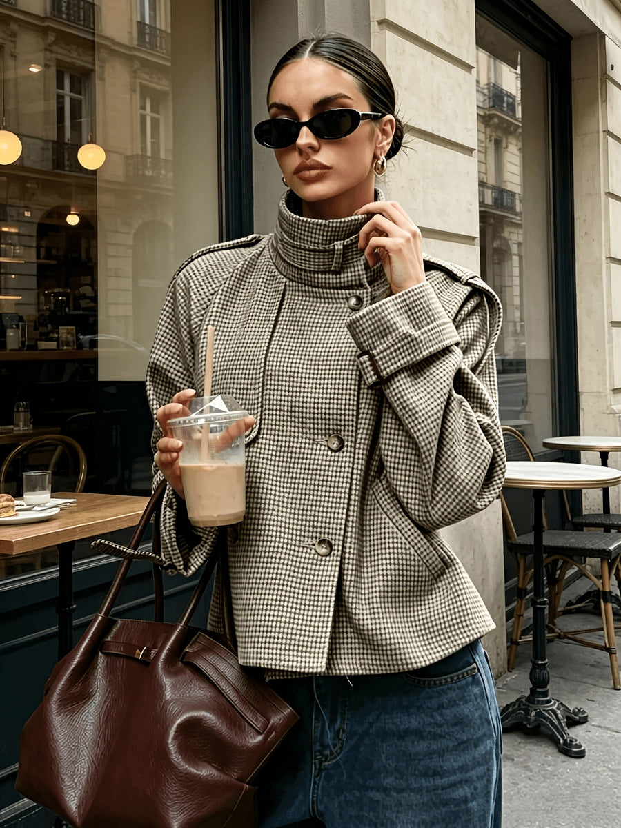 Women's Jacket with Check Pattern and Button Front