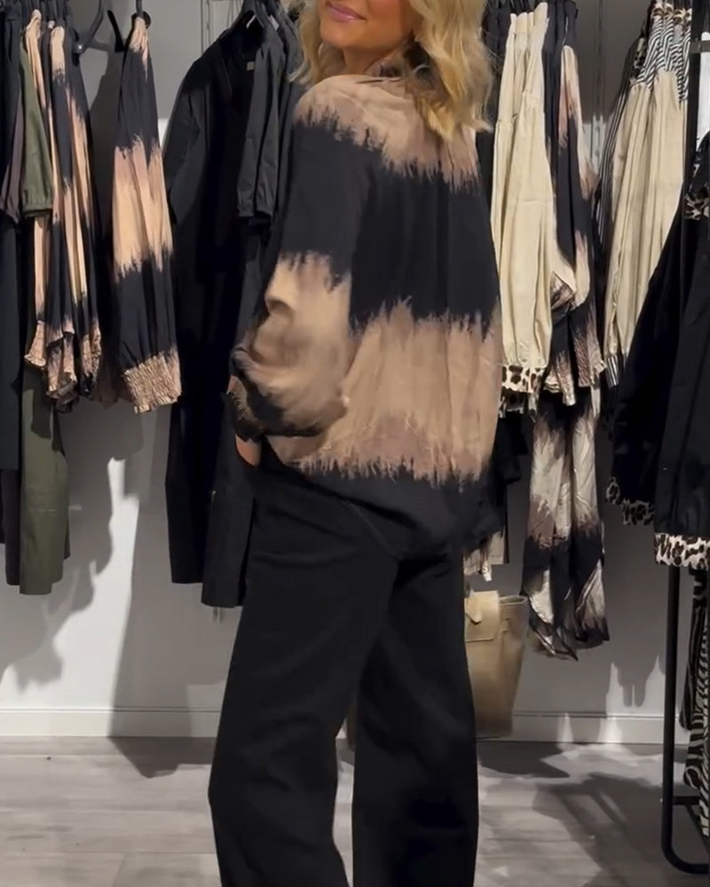 Women's Brown Tie-Dye V-Neck Blouse, Long Sleeves, Buttons