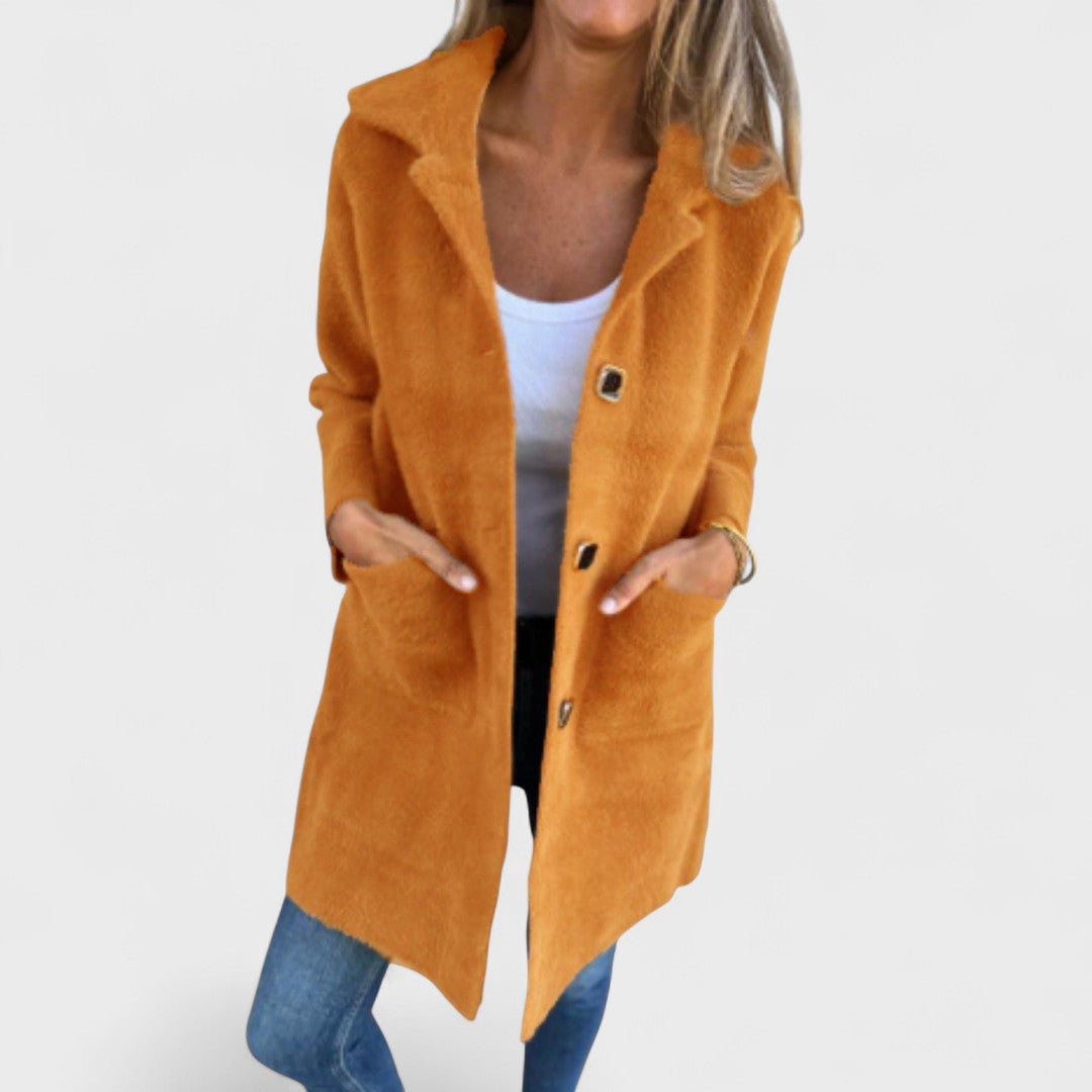 Women's Longline Button Coat, Notched Lapels, Front Pockets