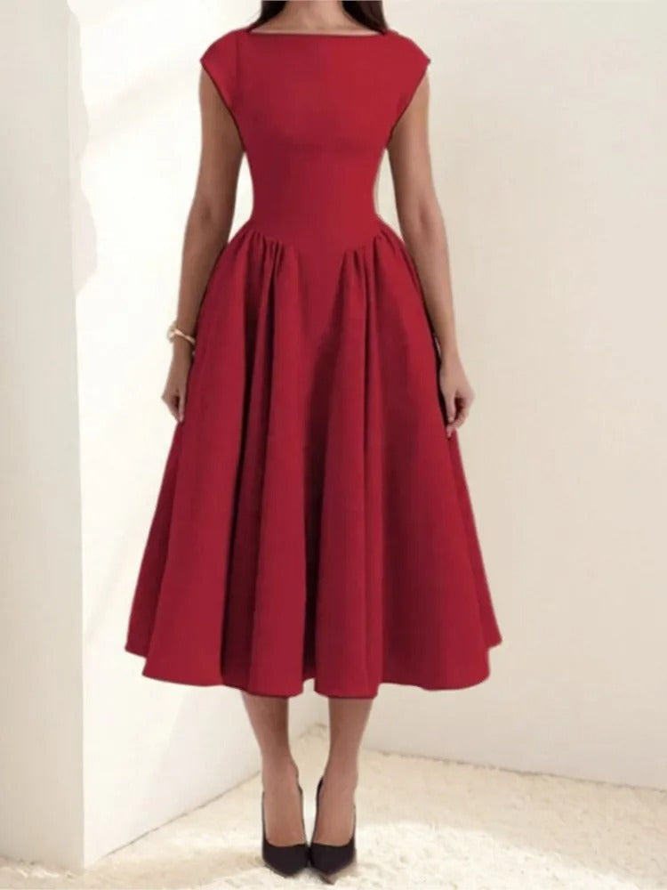 Women's Satin Midi Dress with Bateau Neck and Cap Sleeves | Open Back, Pockets | Sizes XS to XL, 4 Colors