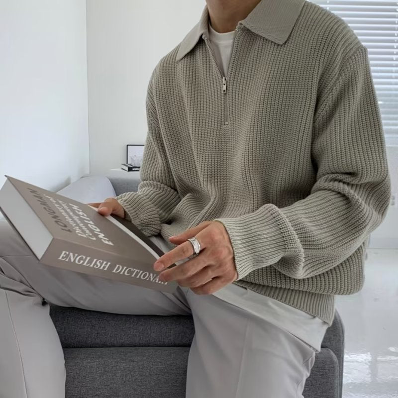 Jose | Mens Knit Zip Sweater with Collar | Loose Relaxed Fit, Classic Zipper Closure | Black, Gray, Khaki M-3XL