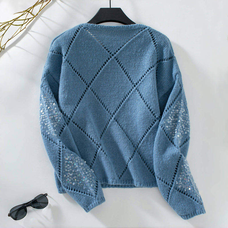 Women's Sequin Diamond Pattern Crew Neck Sweater