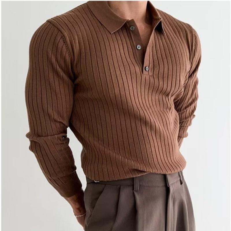 Men's Ribbed Polo Sweater, Long Sleeves, Button Placket