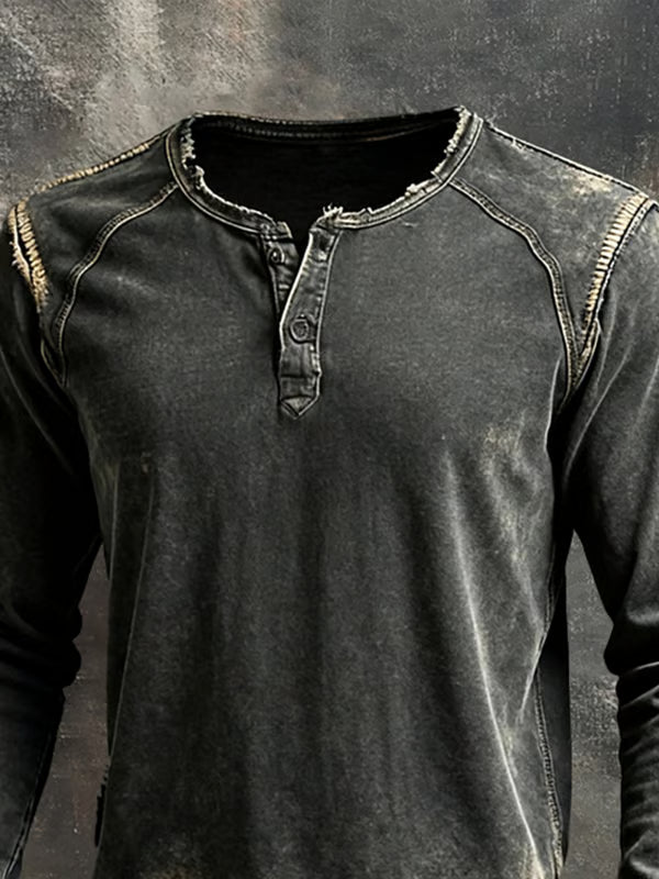 Men's Distressed Henley Sweater, Long Sleeves, Black