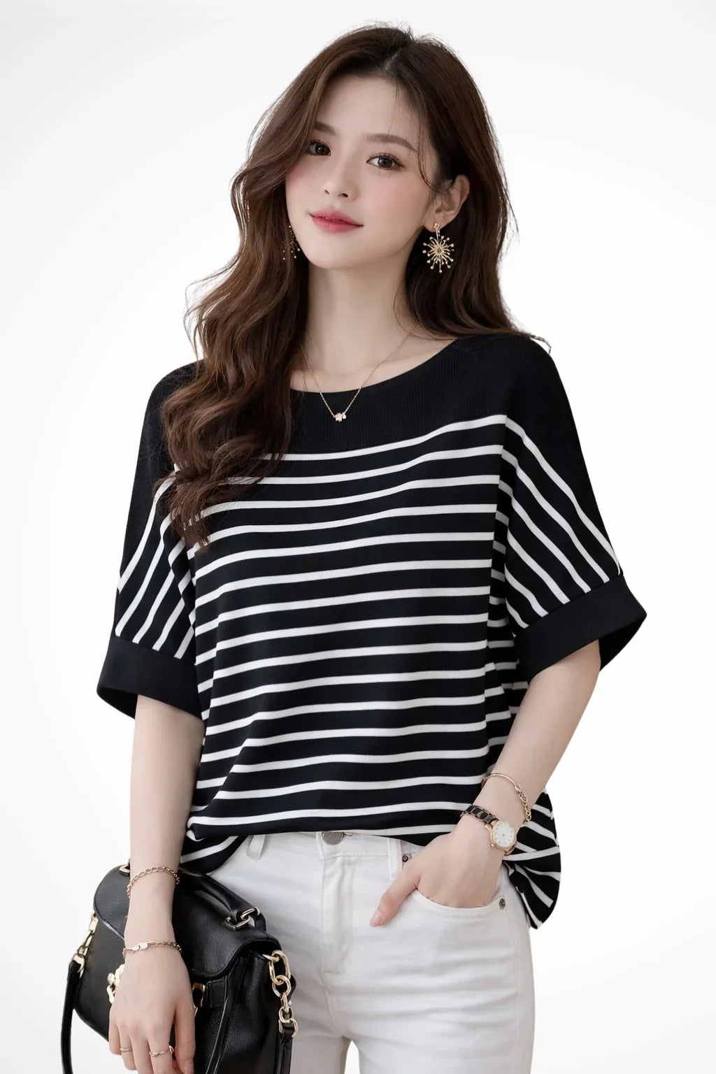 Daisy | Women's Summer Striped Boat Neck T-Shirt Blouse with Short Sleeves
