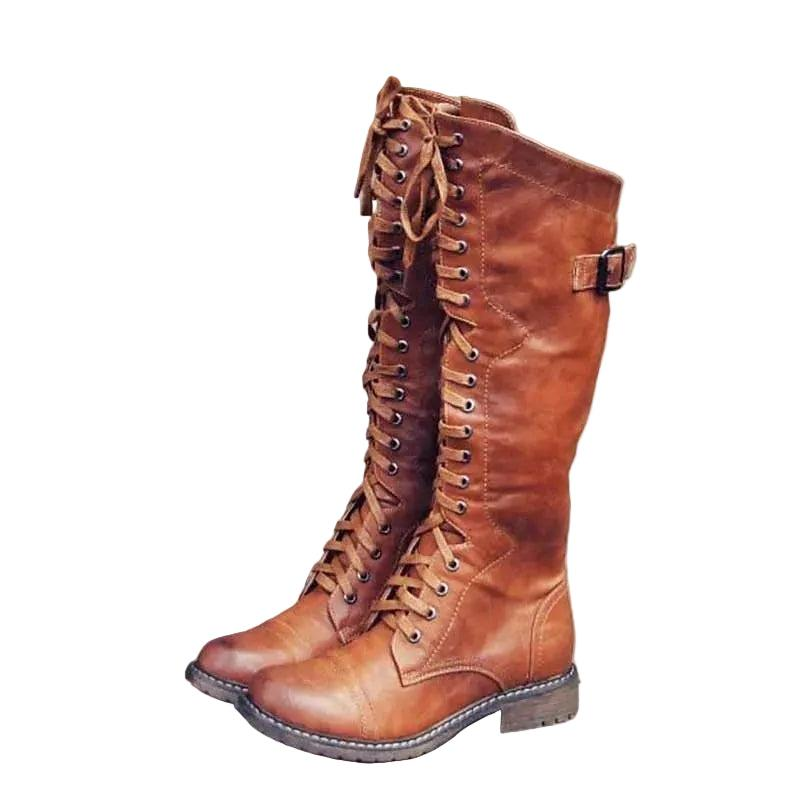 Women's Brown Knee High Boots with Full Front Lacing