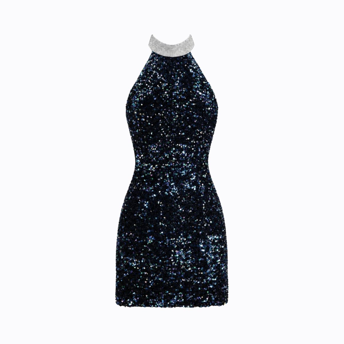 Women's Sequin Bodycon Mini Dress with Halter Neck | Metallic Collar, Back Zip | Sizes S to 2XL, Black
