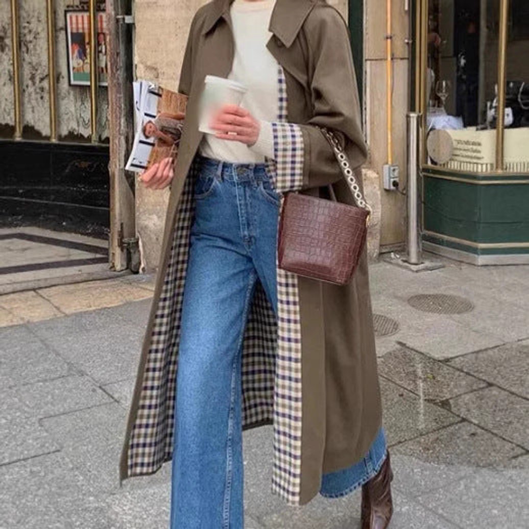 Women's Long Oversized Trench Coat with Check Detail