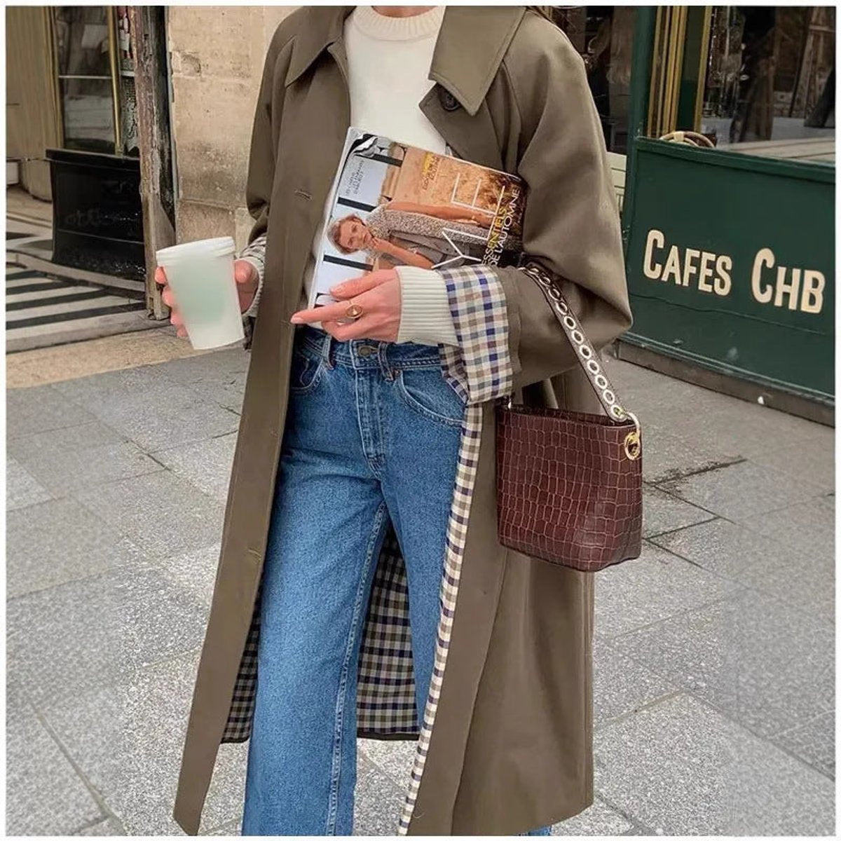 Women's Long Oversized Trench Coat with Check Detail