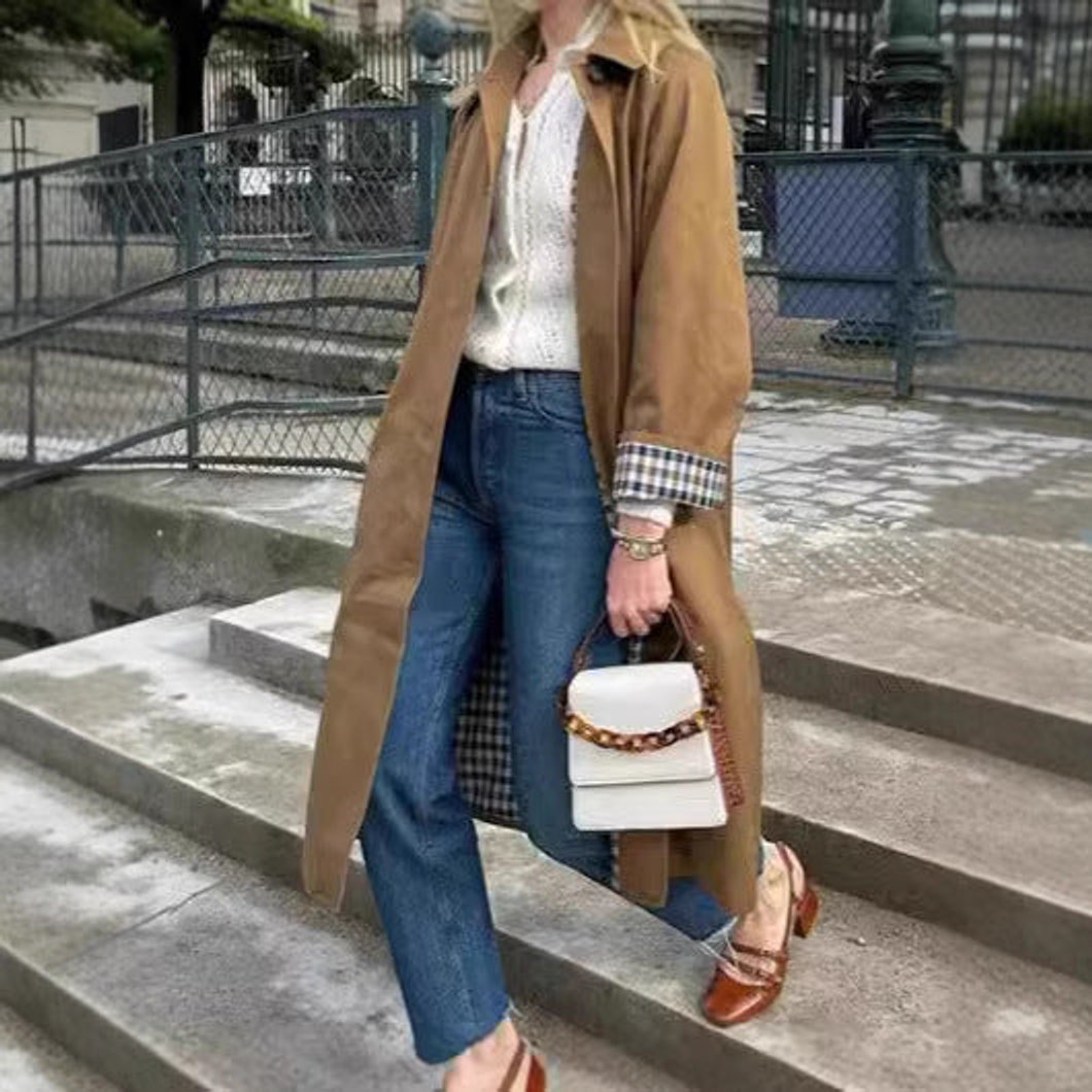 Women's Long Oversized Trench Coat with Check Detail