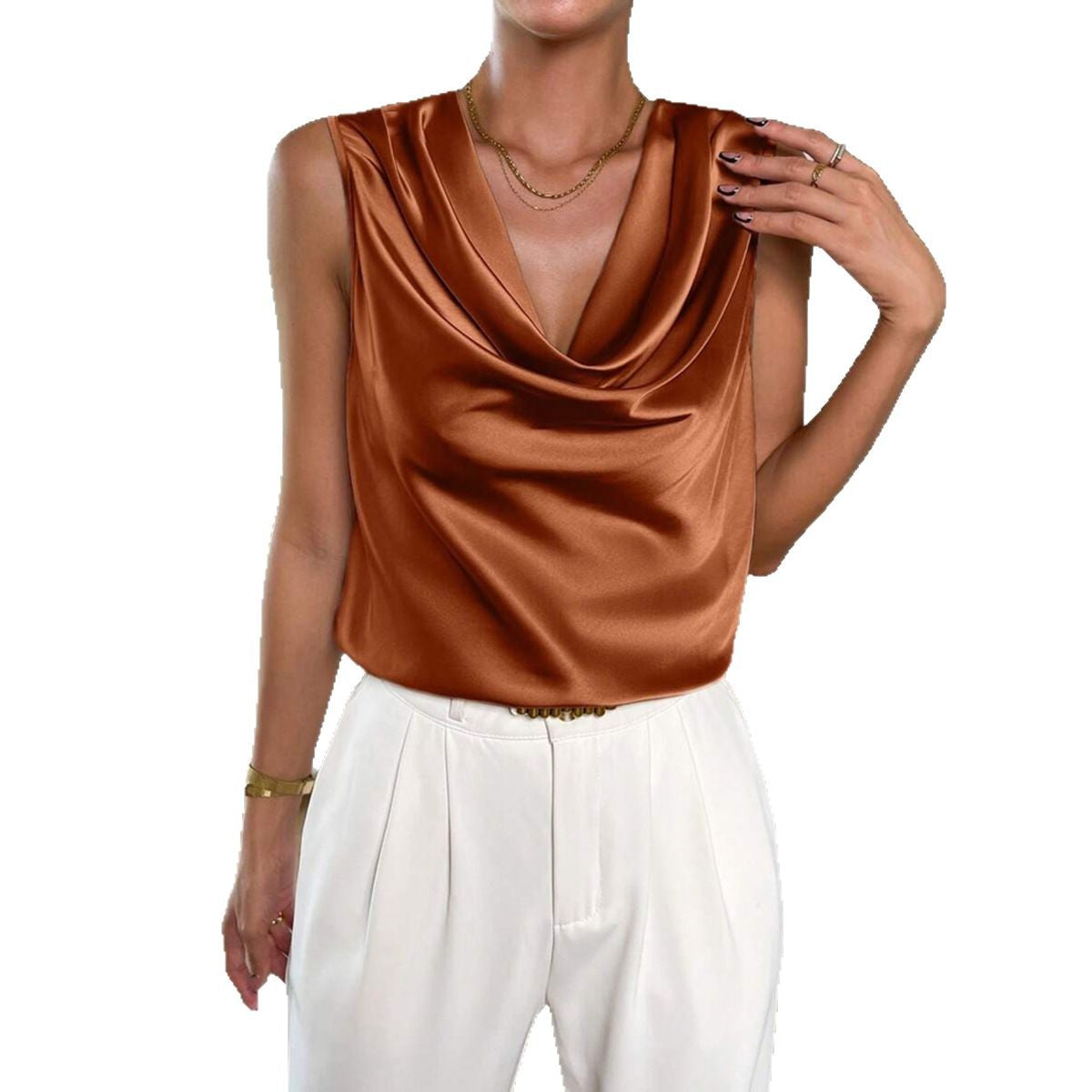 Women's Sleeveless Cowl Neck Top | Satin-Finish Drape with Wide Straps, Pull-On | Sizes S to 2XL, 4 Colors