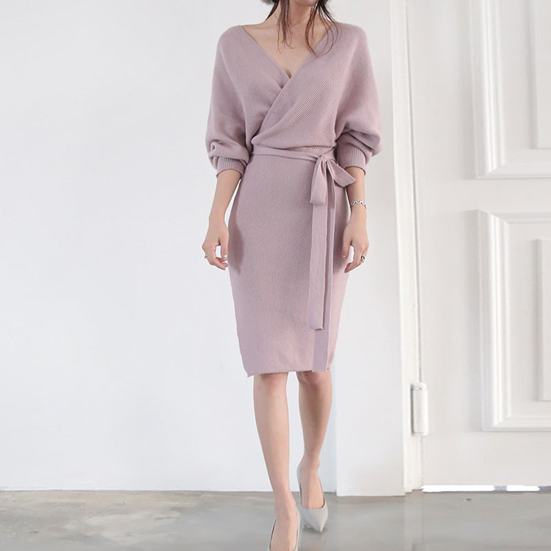 Women's Wrap Sweater Dress with Tie Belt