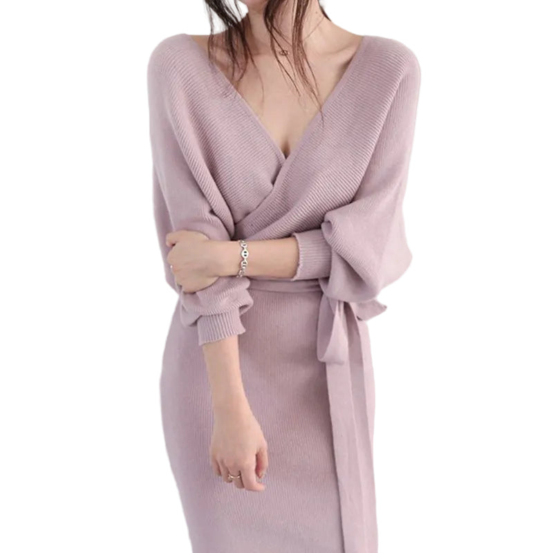 Women's Wrap Sweater Dress with Tie Belt | V Neck, Ribbed Cuffs, Midi Length Knit | Sizes S-2XL, 3 Colors