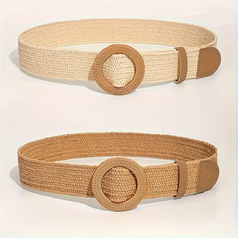 Women's Wide Woven Belt with Round Buckle