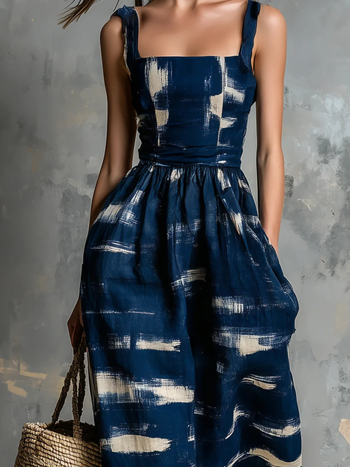 Danielle | Square Neck Sleeveless Navy Blue Abstract Print Sundress