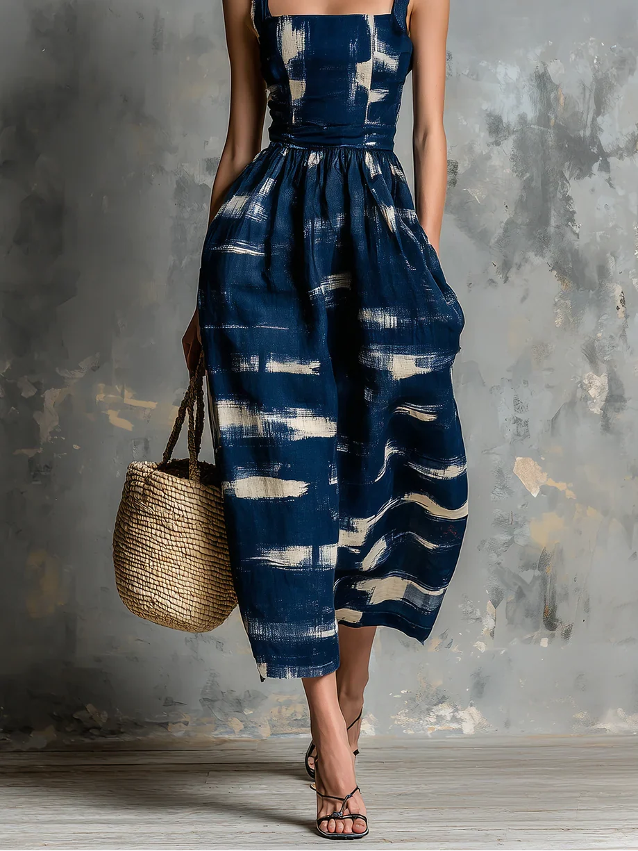 Danielle | Square Neck Sleeveless Navy Blue Abstract Print Sundress