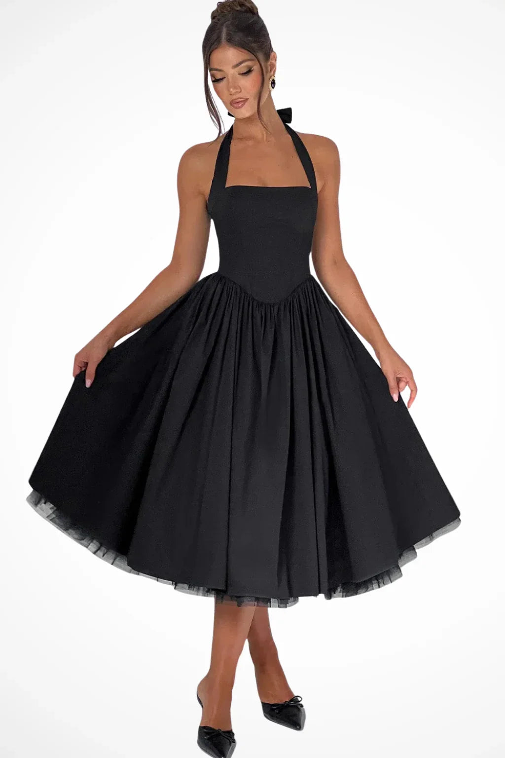 Danielle | Women's Halter Neck Corset Wedding Guest Midi Dress with Tie Back