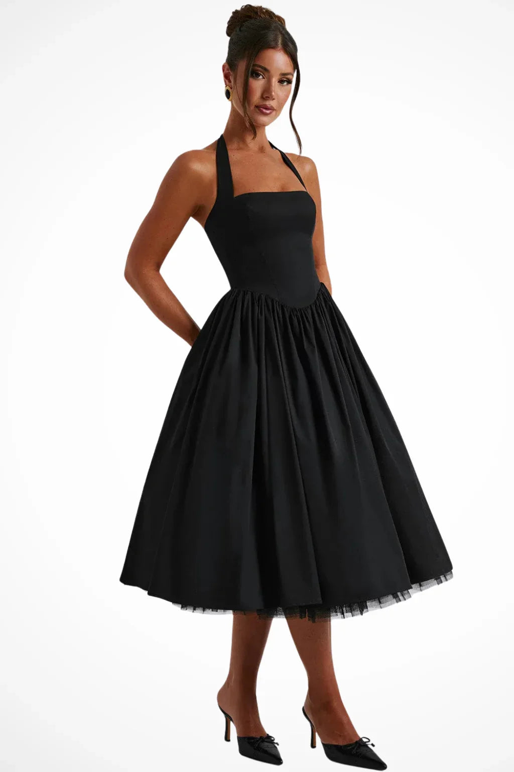 Danielle | Women's Halter Neck Corset Wedding Guest Midi Dress with Tie Back