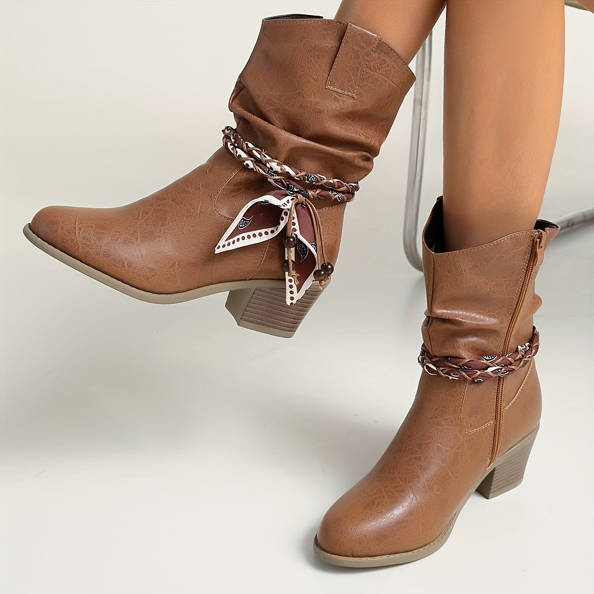 Women's Slouchy Ankle Boots with a Braided Strap and Bow | Block Heel and Side Zip Entry in Light Brown | Size 5.5-10.5