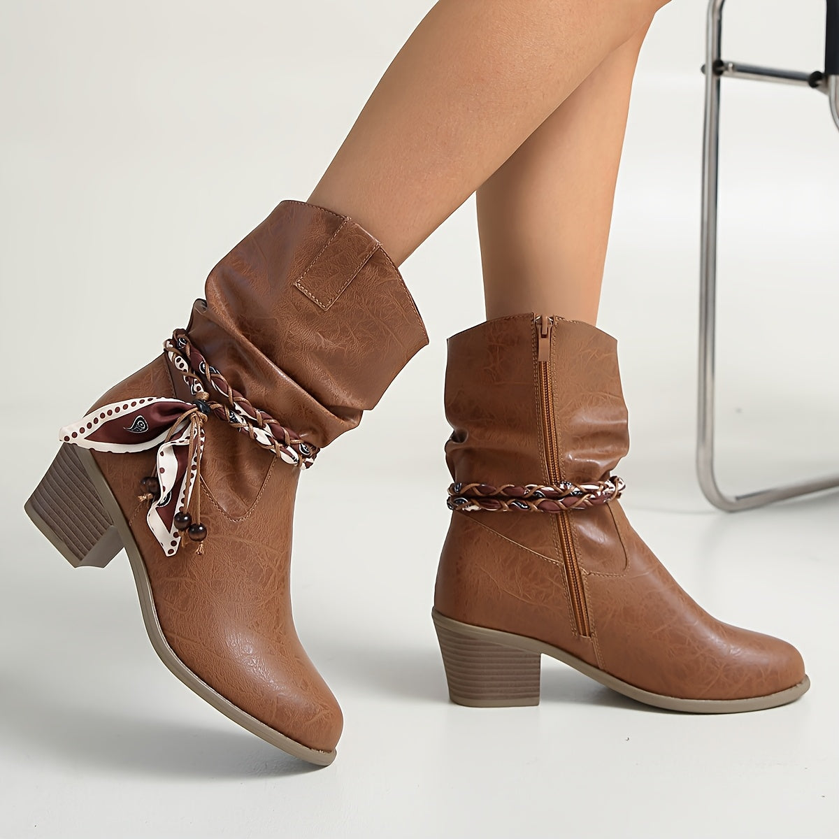 Women's Slouchy Ankle Boots with a Braided Strap and Bow | Block Heel and Side Zip Entry in Light Brown | Size 5.5-10.5