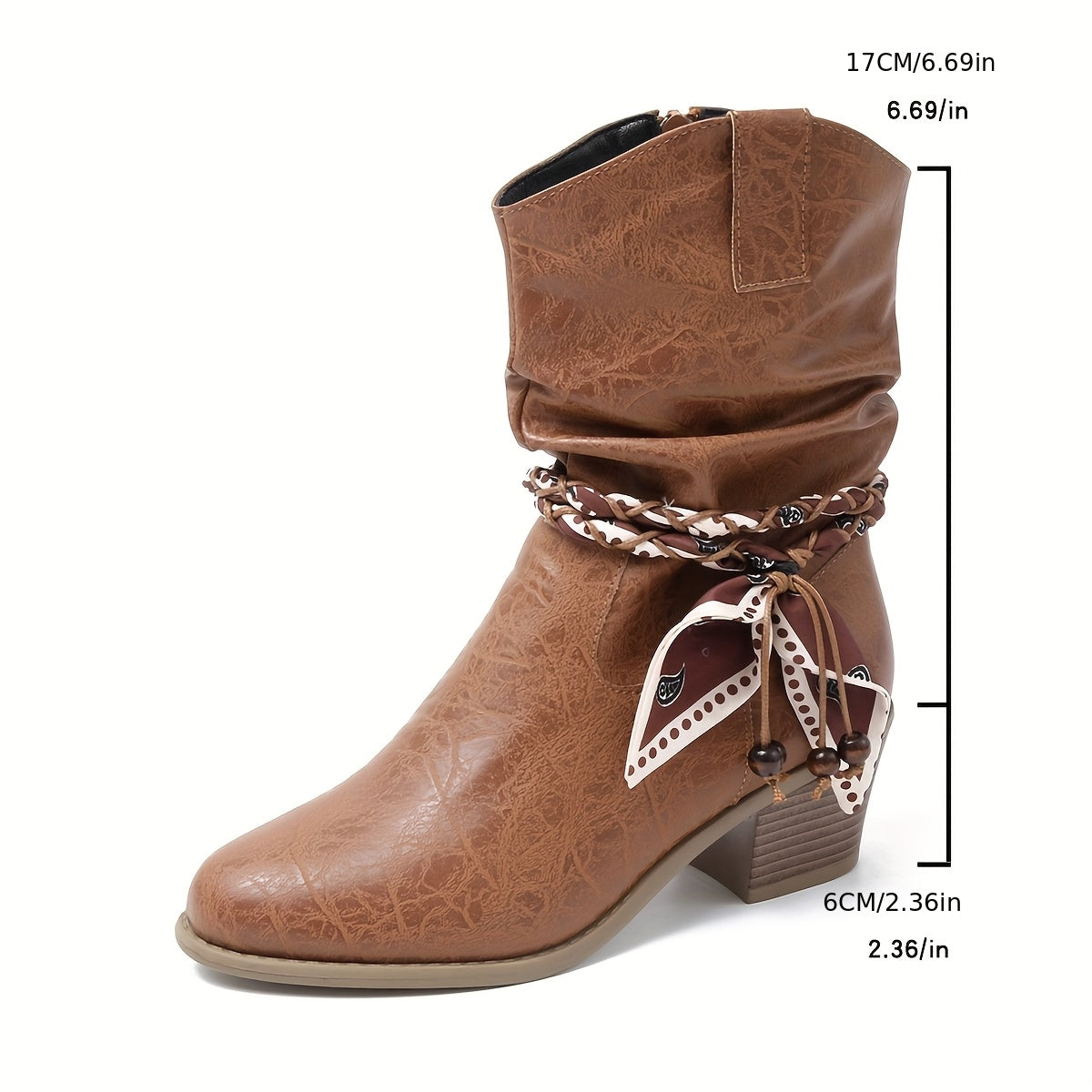 Women's Slouchy Ankle Boots with a Braided Strap and Bow | Block Heel and Side Zip Entry in Light Brown | Size 5.5-10.5