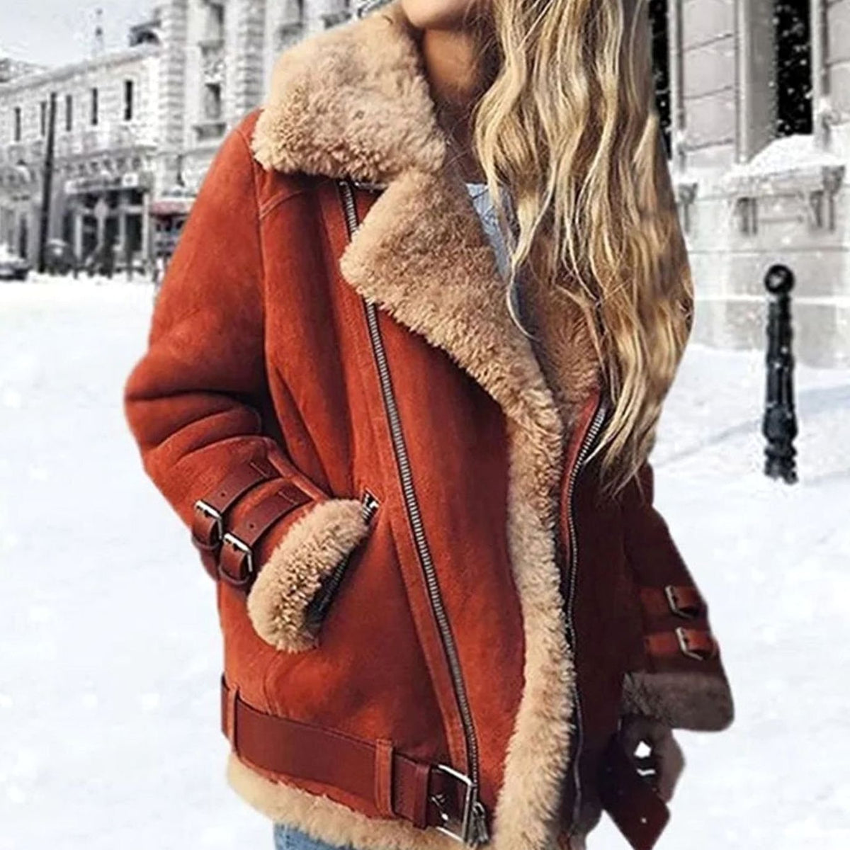 Daria | Oversized Biker Jacket with Shearling Collar for Women