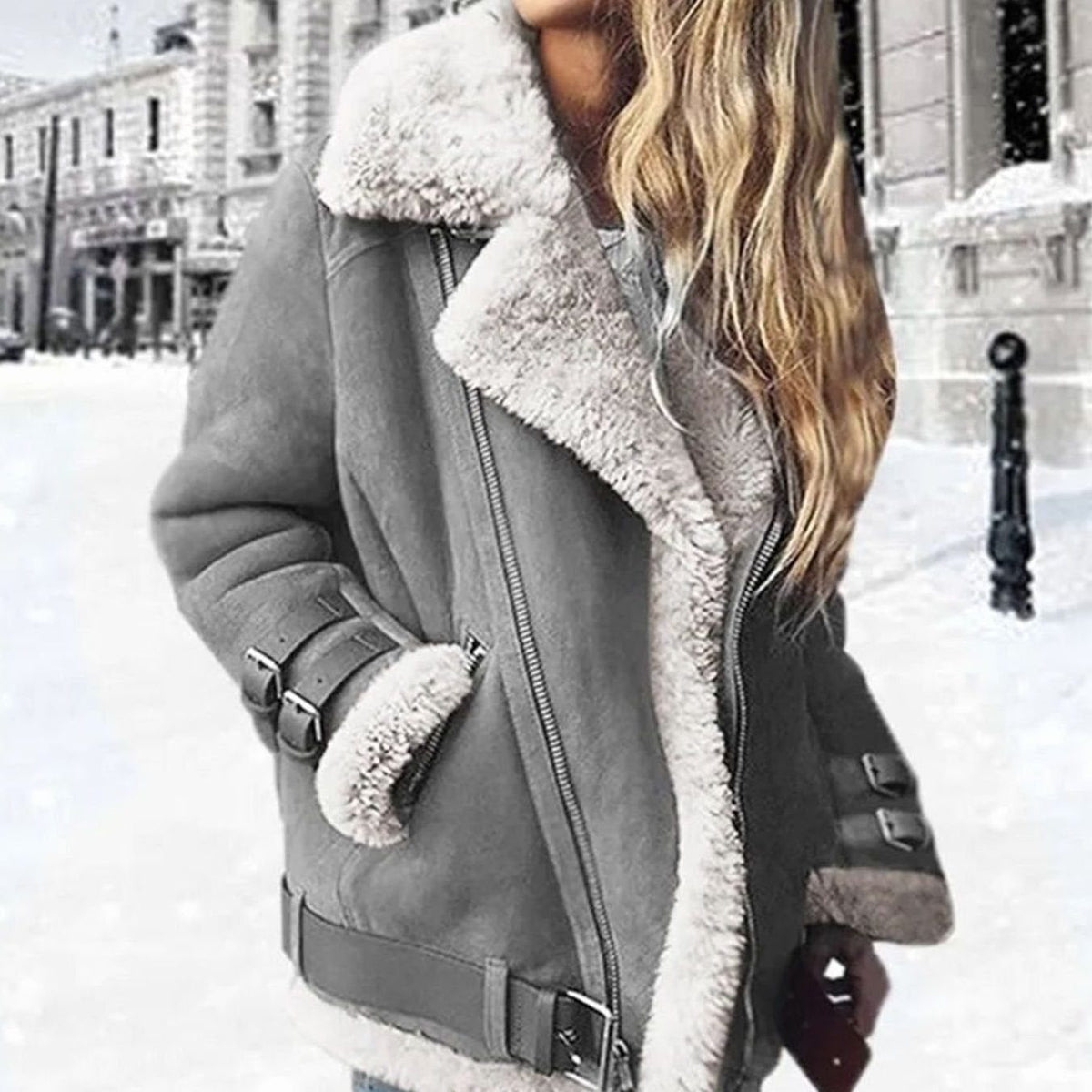 Daria | Oversized Biker Jacket with Shearling Collar for Women