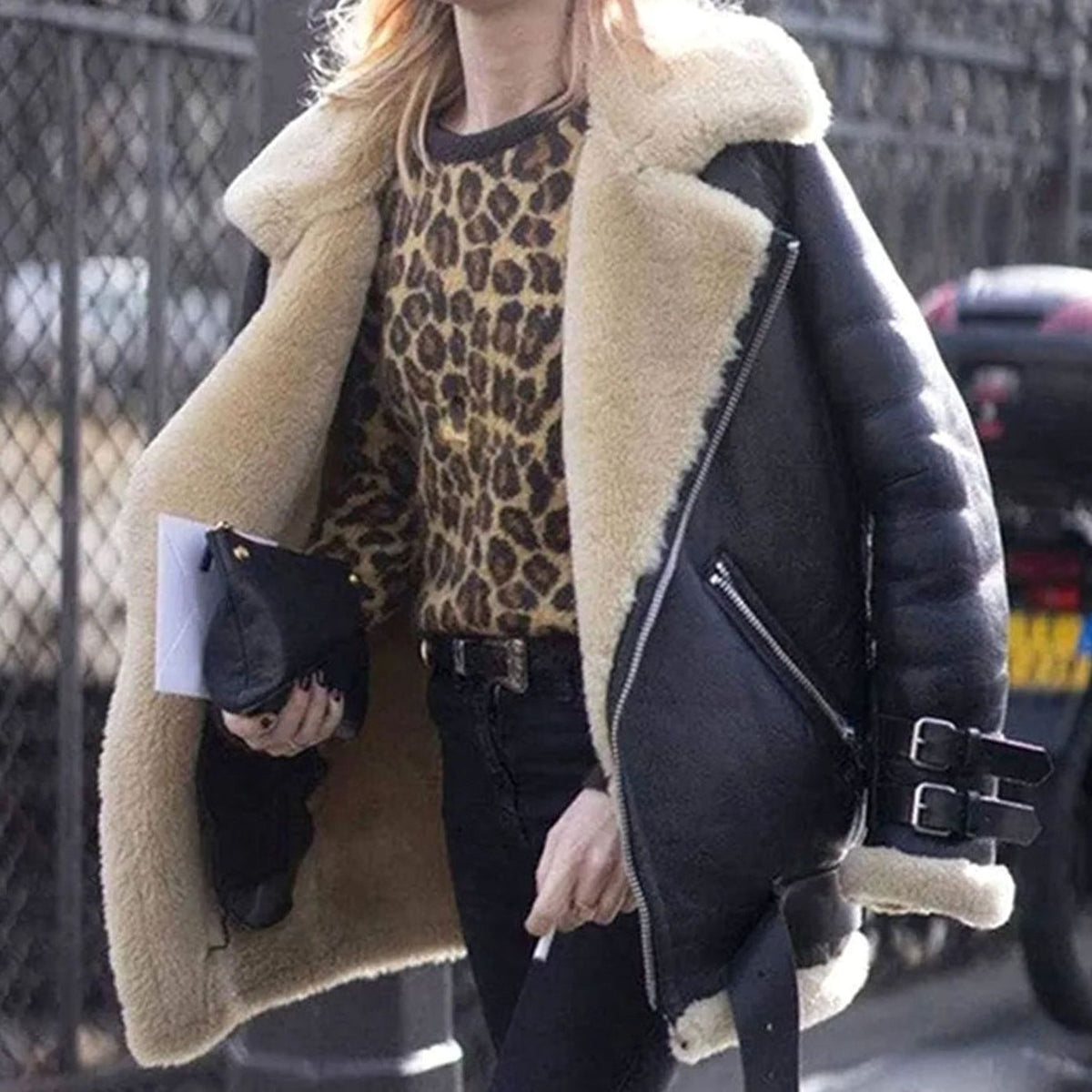Daria | Oversized Biker Jacket with Shearling Collar for Women