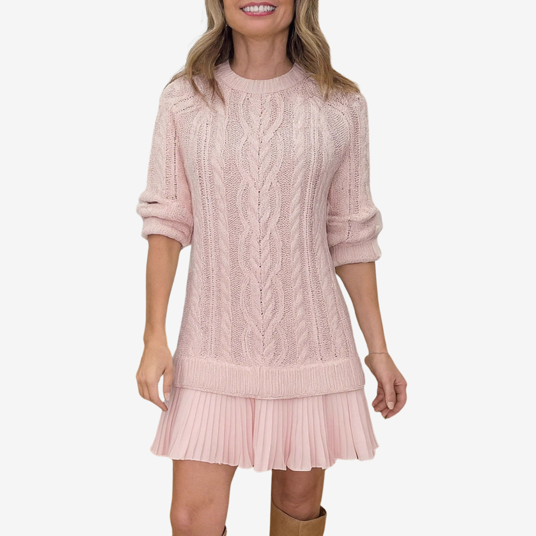 Women's Cable Knit Sweater Dress in a Mini Length | Pleated Hem and Straight Cut | Size XS-3XL, 5 Colors