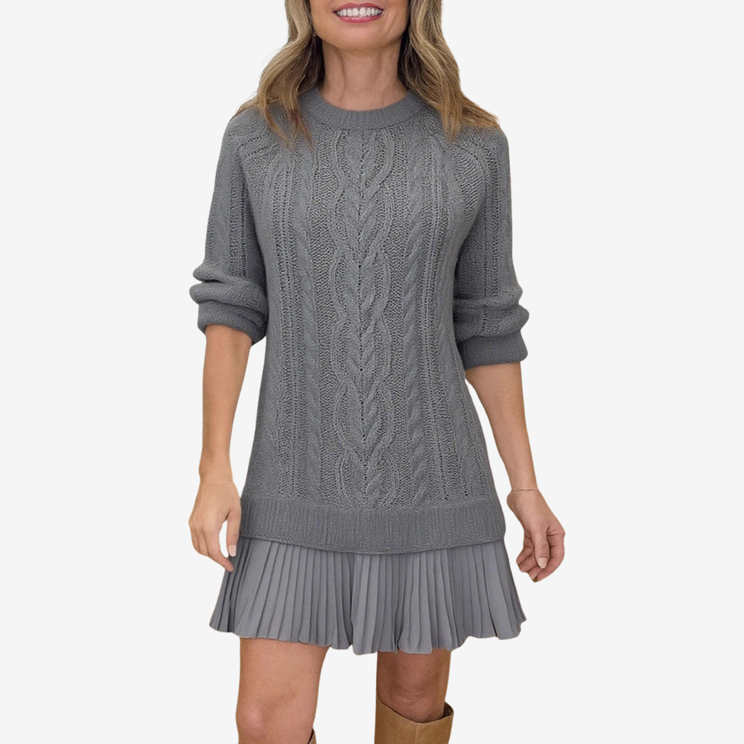Women's Cable Knit Sweater Dress in a Mini Length | Pleated Hem and Straight Cut | Size XS-3XL, 5 Colors