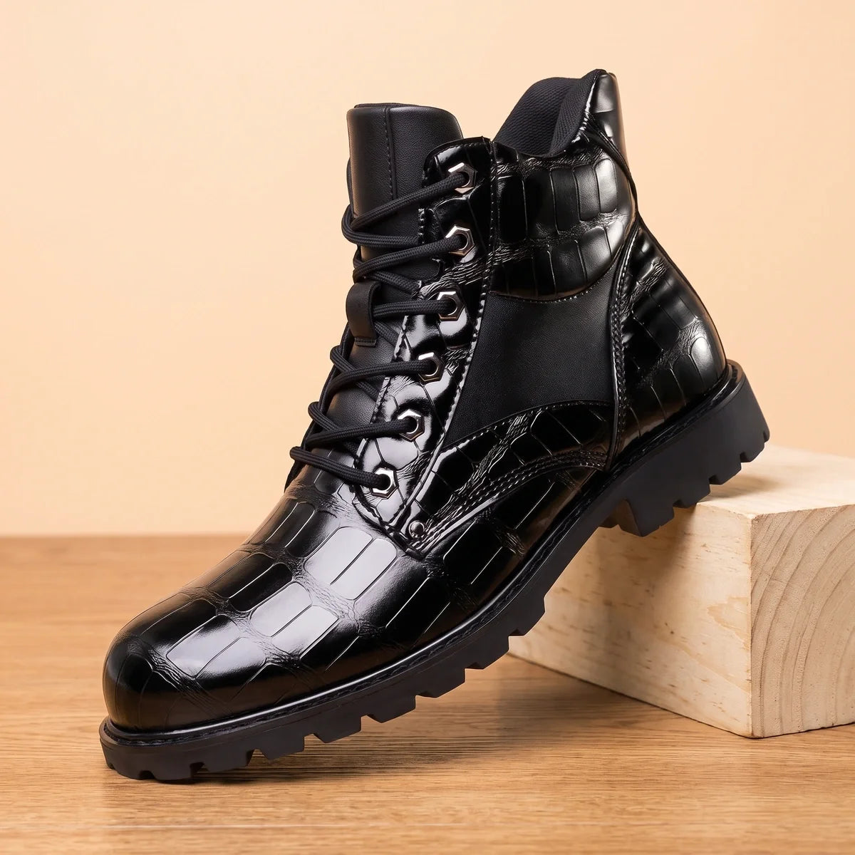 Darius Genuine Leather Croc Panel Lug Boots