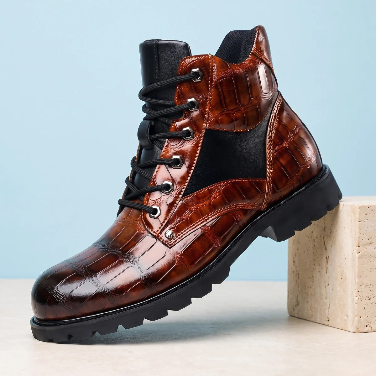 Darius Genuine Leather Croc Panel Lug Boots