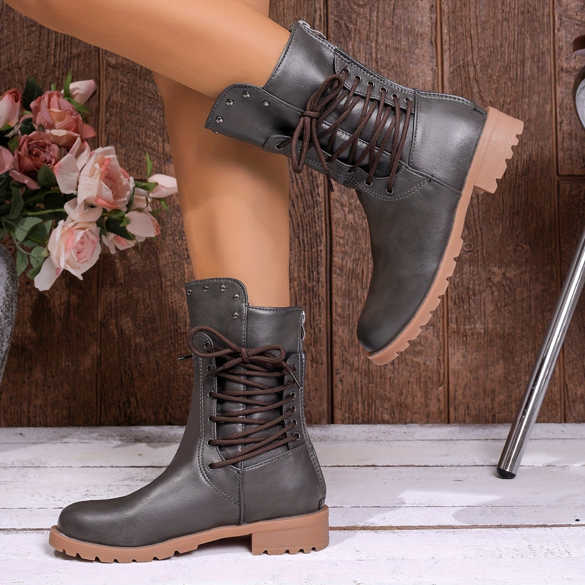 Women's Lace Up Combat Boots with Studded Collar | Cushioned Lug Sole, Mid Calf Height | Size 5.5-10.5, 3 Colors