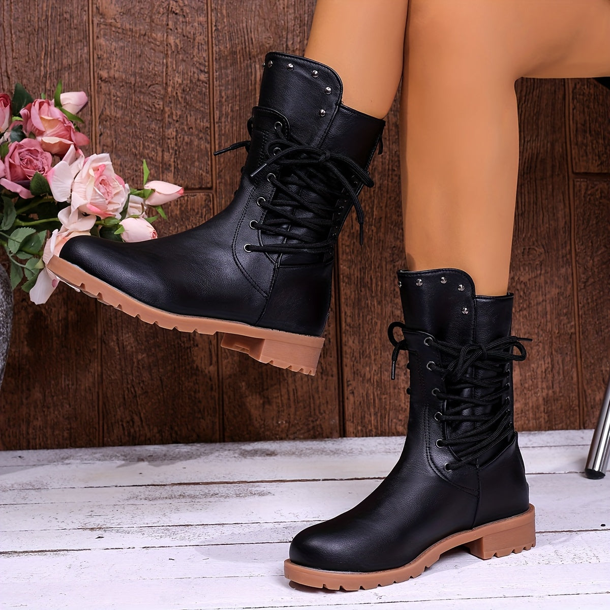 Women's Lace Up Combat Boots with Studded Collar | Cushioned Lug Sole, Mid Calf Height | Size 5.5-10.5, 3 Colors