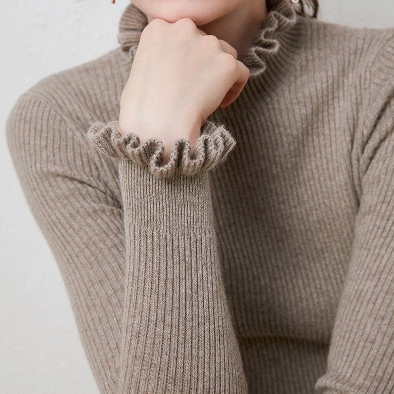 Darya | Cashmere Ribbed Knit Turtleneck with Ruffled Cuffs for Women