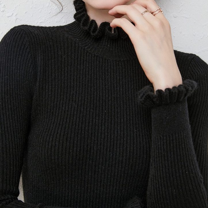 Darya | Cashmere Ribbed Knit Turtleneck with Ruffled Cuffs for Women
