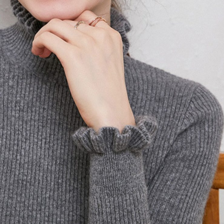 Darya | Cashmere Ribbed Knit Turtleneck with Ruffled Cuffs for Women