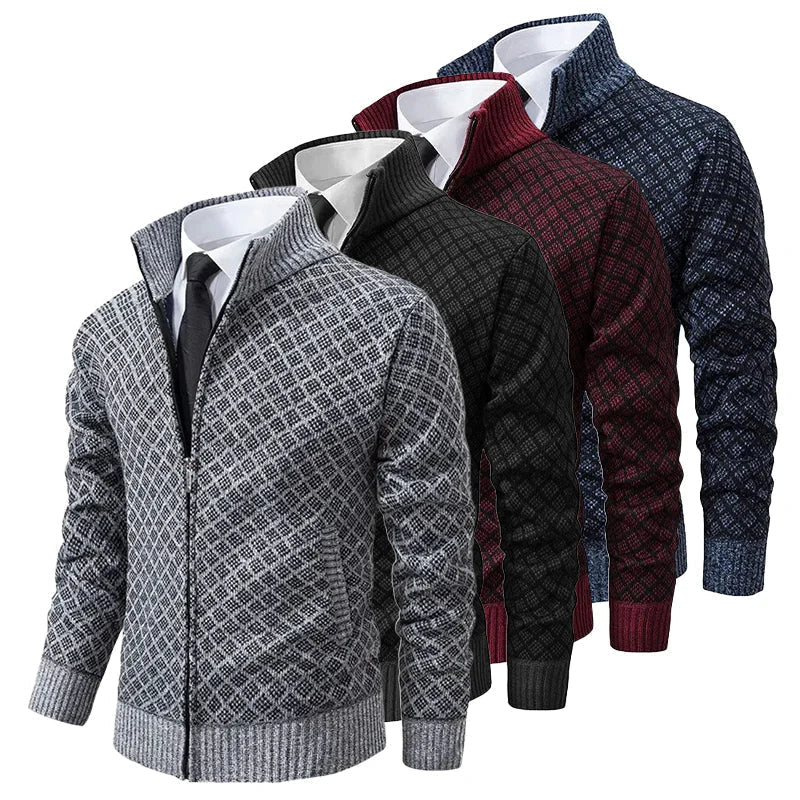 Men's Diamond Jacquard Zip Cardigan, Mock Neck, Long Sleeves