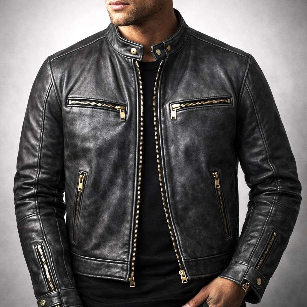 Deacon - Men's Vintage Leather Jacket with Chest Zip Pockets