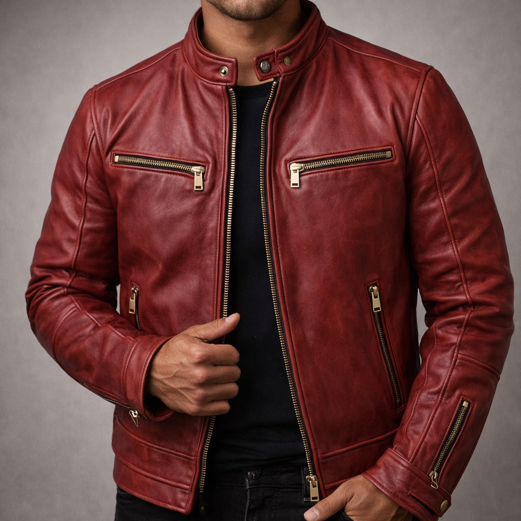 Deacon - Men's Vintage Leather Jacket with Chest Zip Pockets