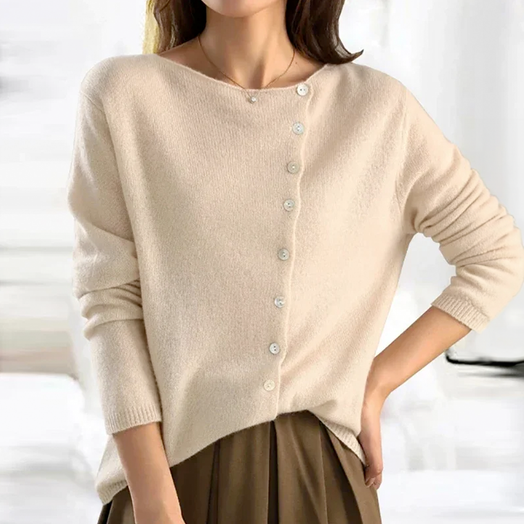 Delvyn | Women's Button-Front Cardigan Sweater — Asymmetric Neckline Knit with Pearl Buttons | Westmere